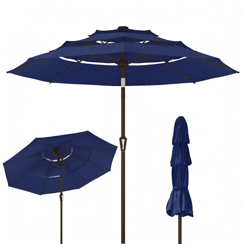 Kingdura 9ft 3-Tier Patio Umbrella, Outdoor Table Umbrella with Easy Crank & Tilt, 8 Reinforced Ribs, UV Protection for Deck, Pool, Market, Backyard (Navy blue) - color: Navy blue, size: 9 FT