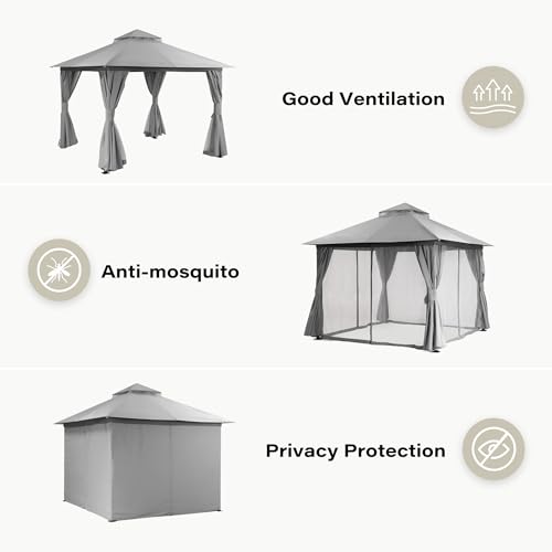LAUSAINT HOME Gazebo 10x10ft, Heavy Duty Patio Gazebo with Expansion Bolts, Party Canopy Tent with Double Roofs, Mosquito Nettings and Privacy Screens for Backyard, Garden, Lawn, Grey - color: Gray, size: 10'x10'