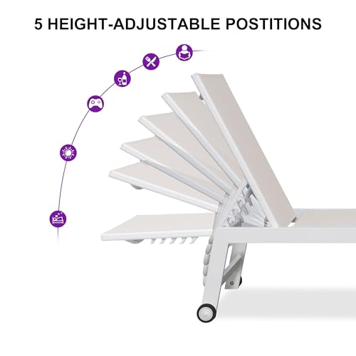 PURPLE LEAF Patio Lounge Chair 2 Pieces White Aluminum Outdoor Chaise Lounge for Pool Backyard Beach with Wheels and Table, Linen - color: Linen, style: Standard Inclining-leg