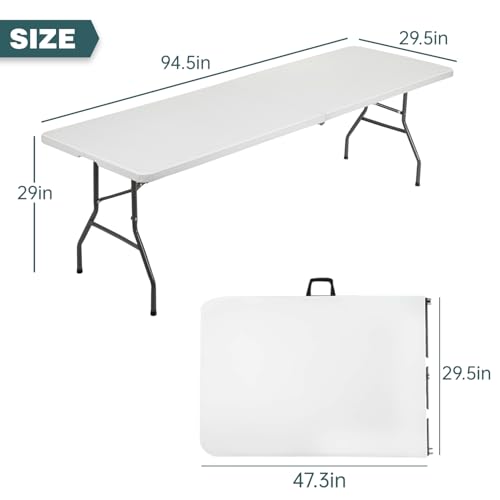 FDW 8 Foot Outdoor Dining Table, Foldable Portable Rectangular Plastic Folding Table with Built in Carrying Handle for Party and Wedding Use, White - color: White, size: 8 FT