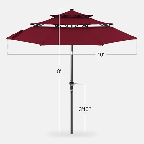 Best Choice Products 10ft 3-Tier Market Patio Umbrella, Outdoor Sun Shade with Tilt, Crank Lift, 8 Ribs for Backyard, Deck, Poolside - color: Burgundy