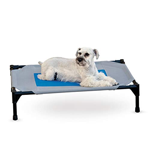 K&H Pet Products Coolin' Pet Cot, Outdoor Cooling Elevated Dog Cot for Medium Dogs, Raised Bed with Cool-Core Center, Portable Pet Platform with Heavy-Duty Metal Frame - Medium Gray/Blue - size: Medium, style: Cooling Cot