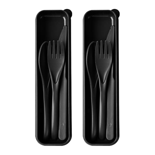 Travel Utensils with Case, 2 Sets Reusable Utensils Set with Case, Wheat Straw Utensils for Lunch Box Accessories, Camping Utensil Set for School Work Lunch or Daily Use（Black） - color: Black