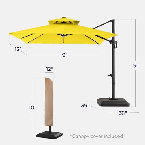 Best Choice Products 9x12ft LED Cantilever Patio Umbrella w/Base Included & 360° Rotation, Large Solar Offset Hanging Outdoor Sun Shade for Deck, Backyard Table w/Stand & Lights – Yellow - color: Yellow, size: 9x12ft