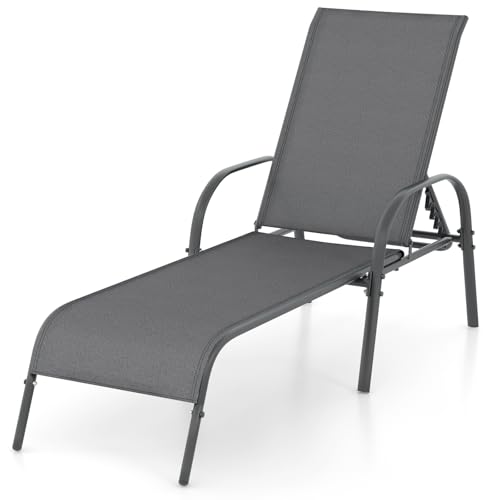 Giantex Patio Lounge Chair, Outdoor Chaise Lounge with 5 Adjustable Backrest, Sturdy Steel Frame, Sunbathing Recliner, Tanning Chair for Beach, Outside, Yard, Balcony, Pool Chairs (1,Dark Gray) - color: Dark Gray