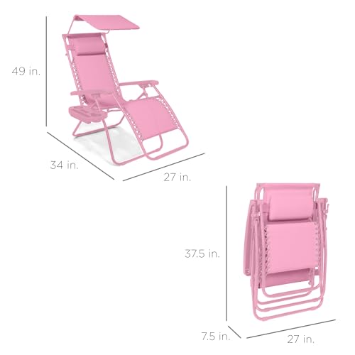 Best Choice Products Folding Zero Gravity Outdoor Recliner Patio Lounge Chair w/Adjustable Canopy Shade, Headrest, Side Accessory Tray, Textilene Mesh - Carnation - color: Carnation, size: Standard