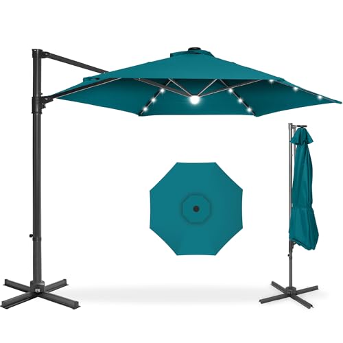 Best Choice Products 10ft Solar LED Offset Cantilever Hanging Market Patio Umbrella, Smooth 360° Rotation, 8 Sturdy Ribs, Easy Adjustment - Cerulean - color: Cerulean, size: Offset w/ 360° Rotation