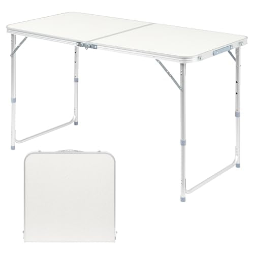 3.0 Ft Folding Portable Camping Table with Adjustable Height Aluminum Legs for Kitchen, BBQ, Dining, Picnic, Cooking, Beach, Garden, Party, Traval, Party, 4-6 People - color: White, size: 3 Ft
