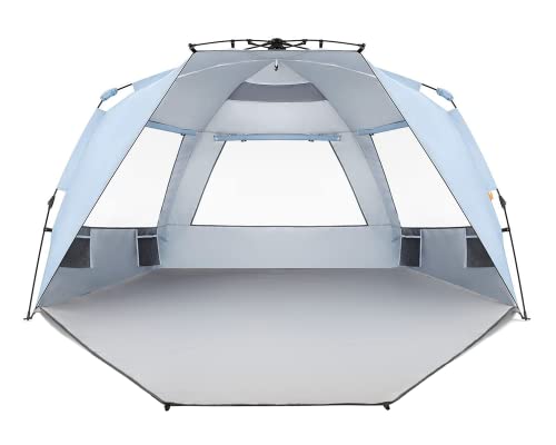 Easthills Outdoors Instant Shader Enhanced Deluxe XL Beach Tent Easy Setup 4-6 Person Popup Sun Shelter 99" Wide for Family UPF 50+ Double Silver Coating with Extended Zippered Porch Sky Blue - color: Instant Shader Enhanced - Sky Blue