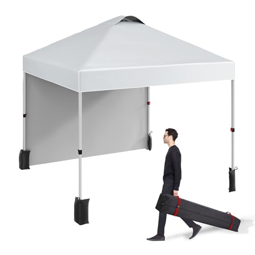 10x10 Ft Pop Up Canopy Tent with 1 Sidewall, Instant Portable Shelter with Vented Roof and Wheeled Carry Bag, Outdoor Sun Shade for Beach, Camping, Patio, Bonus 4 Canopy Sand Bags, White - color: White, size: 1 Side Wall