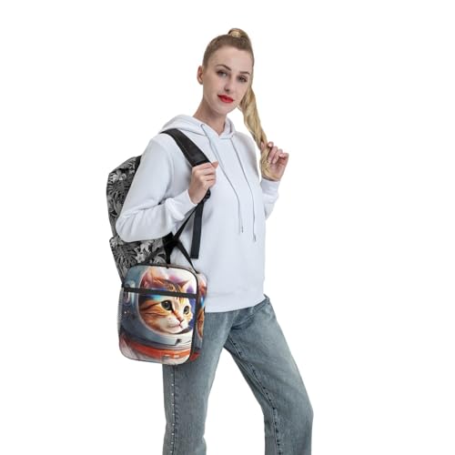Cute Astronaut Cat Space Cool Insulated Lunch Bag Portable Reusable Zipper Lunch Box For Men Women Work Picnic Travel Camping - color: Black26