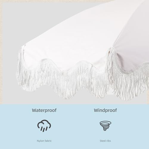 Rayjee 6.5FT Patio & Beach Umbrella with Fringe, Outdoor Sun Umbrella with Tilt & Adjustable Height, Aluminum Pole Market Umbrella for Garden, Deck, Pool & Beach - color: Blue and white stripes