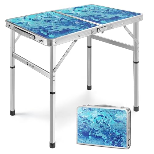 VILLEY Folding Camping Table 2FT, Portable Small Picnic Table with Adjustable Height, Lightweight Aluminum Foldable Table Small Folding Table with Carry Handle for Outdoor Indoor BBQ Hiking Beach - size: 23.6" x 15.8"(2 Height)