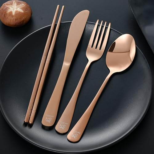 Boulder Bee Travel Utensils Set | Reusable Camping Cutlery Set | Stainless Steel Flatware Set | Portable Silverware Set with Case | Includes Knife/Fork/Spoon/Chopsticks/Cleaning Cloth/Case (Rose) - color: With Chopsticks-Rose