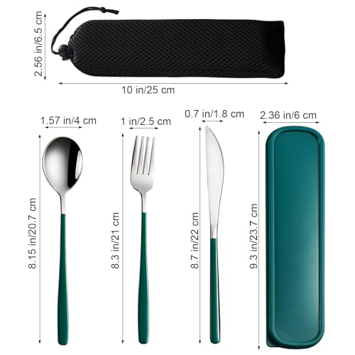 VANRA 3-Piece Portable Travel Utensils Set with Case 18/8 Stainless Steel Flatware Set Reusable Cutlery Set with Fork Spoon Knife for Lunch Travel Camping School Work Picnic (Deep Green) - color: Deep Green, size: Fork Spoon Knife