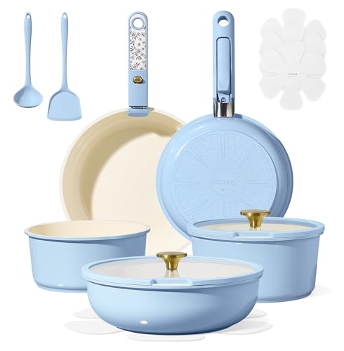 CAROTE 15Pcs Ceramic Cookware Set, Pots and Pans Set Non Stick, Kitchen Cooking Set with Detachable Handle, Non Toxic Induction Cookware, Dishwasher/Oven Safe - color: Light Blue