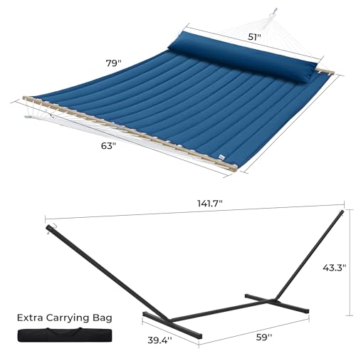 SUPERJARE Hammock with Stand, 2 Person Quilted Outdoor Hammock, Detachable Pillow & Bamboo Spreaders, Portable Hammock with Carrying Bag, Heavy Duty Stand, Perfect for Outside, Patio, Navy Blue - color: Navy Blue, size: 62.9"W × 78.7''D × 43.3''H