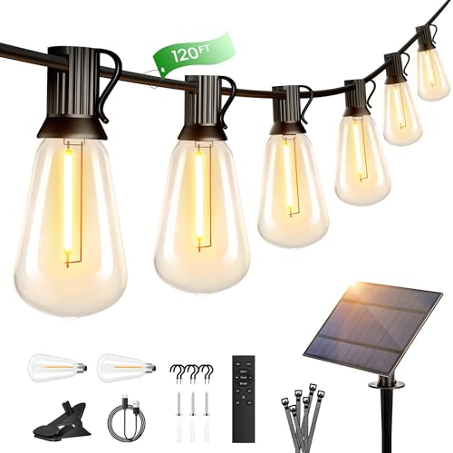 OHLUX 120FT Solar String Lights Outdoor with Remote, 2200K Soft Warm Patio Lights with 52 Shatterproof Tear-Drop LED Filament ST38 Bulbs, Dimmable Outside Edison Hanging Light for Backyard Deck Roof - color: Warm White, size: 36m