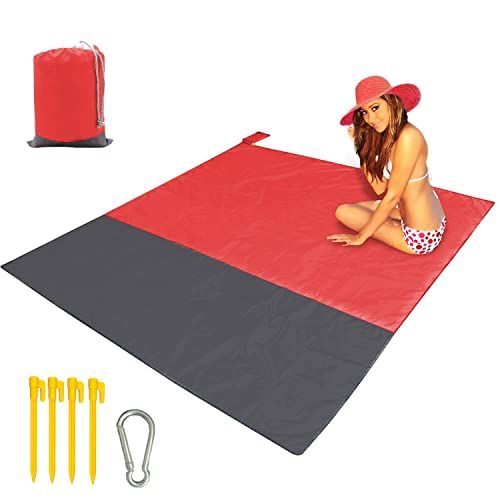 Beach Blanket XL Fast Drying Durable Lightweight Compact Outdoor Mat 83"x 79" - Sandproof Waterproof Picnic Mat for Travel, Camping, Hiking (Red) - color: Red