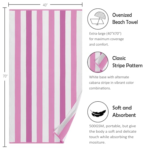 Bornbay Large Beach Towel Oversized - 40"X70" Big Cute Beach Towels, Extra Large Thick Pink Stripe Towels, XL Wide Fluffy Swimming Towel Oversize, Giant Mauve Stripe Cotton Pool Towel for Adults - color: Pink, Mauve