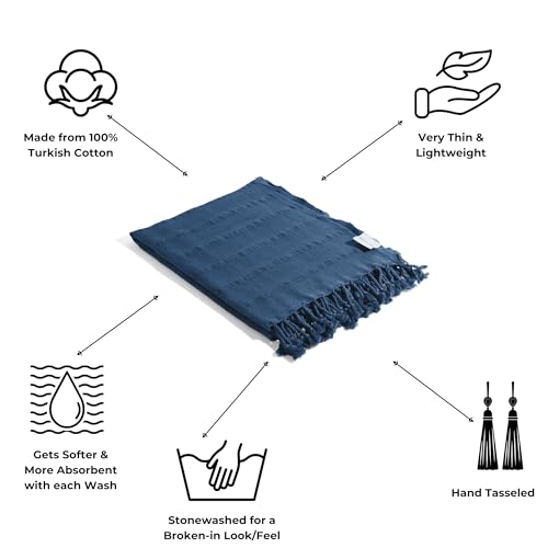 InfuseZen Stonewashed Turkish Bath & Beach Towel –100% Organic Turkish Cotton - Soft, Lightweight, Absorbent - Quick Dry, Sand Free - Swim, Pool, Shower, Travel - Peshtemal, Hammam Spa Towel - Blue - color: Blue