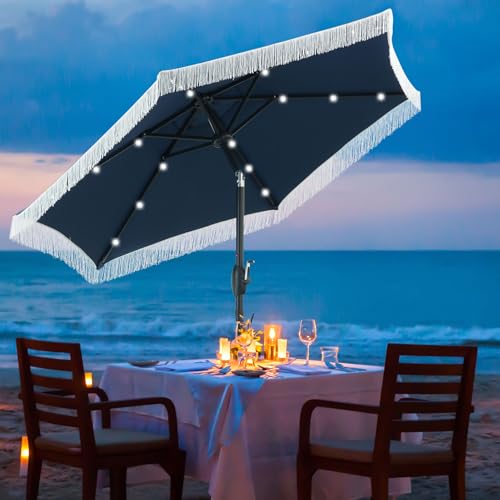 GDY 7.5 ft Fringe Patio Umbrella with 18 LED Solar Lights ，Stylish Fringe Decor for Graden, Pool, Beach, Deck, Navy Blue - color: Dark Blue+18 Lights, size: Umbrella Only