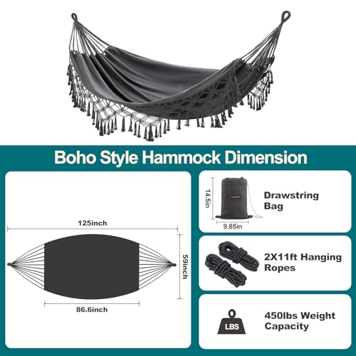 JoyView Boho Macrame Double Hammock with Hanging Ropes & Elegant Tassels 86.6x59 Portable Cotton Hammock for Patio Backyard Porch 450LBS Weight Capacity Perfect for Outdoor/Indoor - Dark Grey - color: Dark Grey