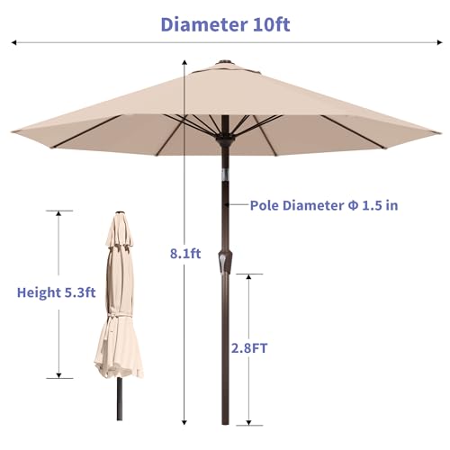 Kingdura 10FT Outdoor Patio Umbrella, Market Table Umbrella with Push Button Tilt and Crank, 8 Sturdy Fiberglass Ribs, UV Protection for Pool, Lawn, Deck, Backyard, Garden (Beige) - color: Beige, size: 10 Ft