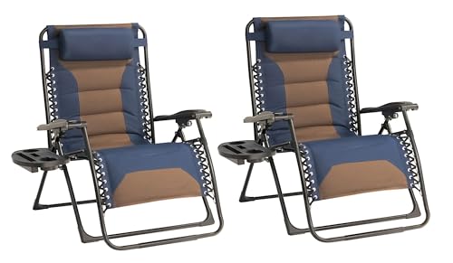 Zero Gravity Chair Set of 2 Oversized Padded Recliner with Adjustable Headrest & Cup Holder - 600D Oxford Folding Lounge Chair for Outdoor Camping, Patio, Poolside (Brown & Blue) - color: Brown & Blue, size: 2 Pcs