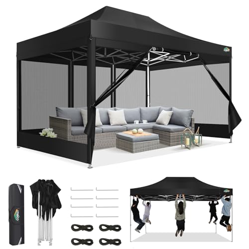 COBIZI 10x15 Canopy Tent, Heavy Duty Pop up Canopy with Sidewalls, Waterproof Easy Setup Canopy with Mosquito Netting, Outdoor Instant Screen Tents for Parties, Wedding, Backyard with Carry Bag, Black - color: Black, size: 10x15FT