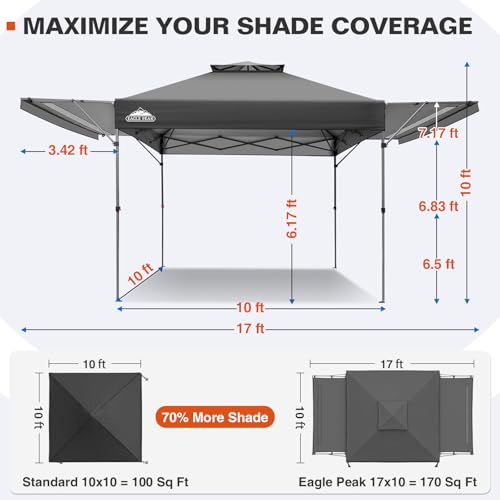 EAGLE PEAK 17x10 Pop up Gazebo Canopy Tent Outdoor Instant Canopy Shelter with Adjustable Dual Half Awnings (Gray) - color: Gray