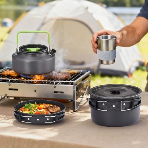 ROVSUN 34/10/6 pcs Camping Cookware Mess Kit, Lightweight Non-Stick Camping Cooking Pot and Pan Set with Stainless Steel Camping Gear Kettle Cup for Open Fire, Backpacking, Outdoor Cooking - style: 34 Pcs