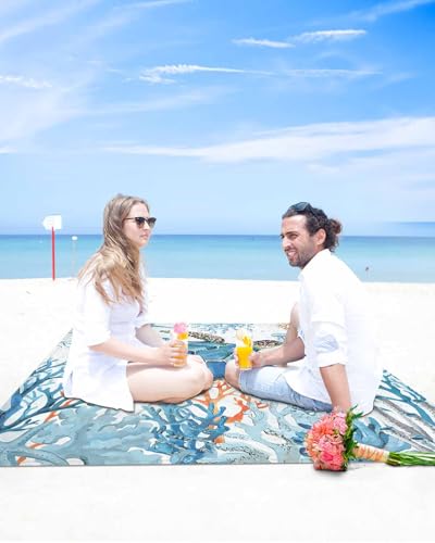 Beach Blanket Sandproof Oversized 95" x 80" Ocean Sea Turtle Waterproof Quick Drying Sand Free Mat Coral Starfish Picnic Blankets for Outdoor Travel Camping Hiking Park - color: Blue, size: 95''x80''