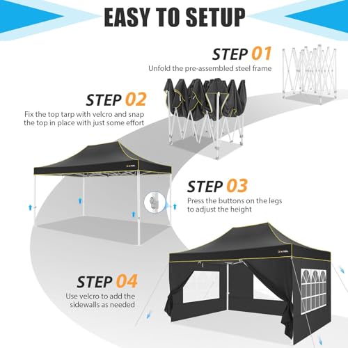 HOTEEL Canopy Tent 10x15 Heavy Duty Pop Up Canopy with Sidewalls, Party Tent with Roller Bag for Event Wedding, Upgraded Commercial Waterproof Instant Canopy, Thick Hexagonal Legs, UPF50+, Black - color: Black, size: 10x15FT (+4 Walls)