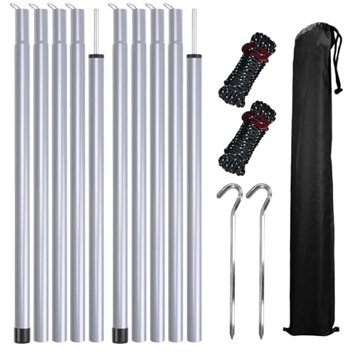 Tent Poles for Tarp, KescherAb Adjustable Tarp Poles Aluminium Tarp Poles Set of 2 for Tent Fly, Awning, Outdoor Camping, Hiking, Backpacking & Rainfly with Pegs & Reflective Ropes, Grey - color: Gray