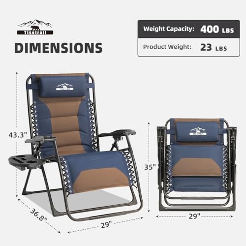Zero Gravity Lounge Chairs - Set of 2 Oversized Reclining Patio Chairs with Adjustable Pillow & Cup Holder (500lbs Capacity, Blue/Brown) - color: Brown & Blue, size: X-Large/2 PCS