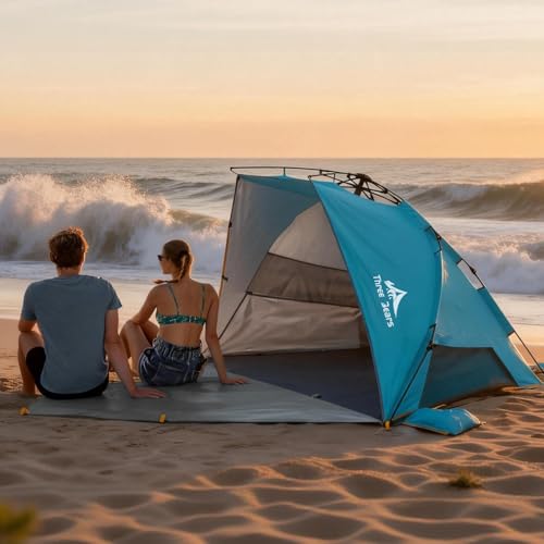 Three Bears Pop Up Beach Tent Sun Shade Shelter for 3-4 Person, UPF 50＋ UV Protection, Lightweight & Easy Setup Beach Shade Canopy, Portable Beach Shade Tent Beach Cabana (Blue) - color: Blue