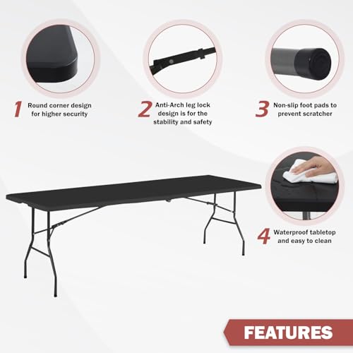 PayLessHere | 8FT Folding Table | Portable Plastic Table with Carry Handle | Waterproof & Foldable Table Design | Steel Frame with Lock | Black | for Events, Camping, Indoor & Outdoor Use - color: Black, size: 8 FT