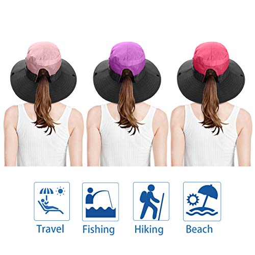 3 Pieces Womens Ponytail Wide Brim Sun Hat Packable UV Protection Beach Cap for Fishing & Hiking - color: Purple＆watermelon Red＆pink