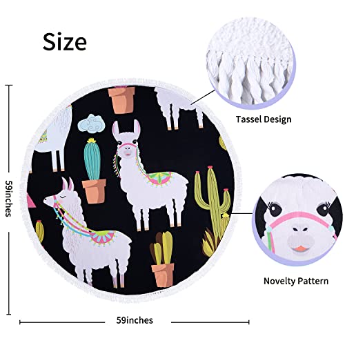Benefeet Sox Beach Towel Large Round Mandala Pool Towels Tassels Microfiber Quick Dry Beach Blanket Throw Bohemian Roundie Swim Pool Circle Towel, 59 Inches - color: Cute Llama Cactus; Black