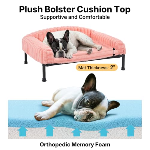 Veehoo Elevated Dog Bed with Bolster Cushion, Fluffy Plush Dog Couch Beds for Small Dogs, Cats, Washable Raised Pet Cot with Non-Slip Feet for Indoor or Patios Use, 36 x 28 Inches, Pink - color: Pink, size: 36.0"L x 28.0"W x 8.3"Th