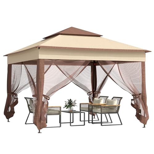 Outsunny 11' x 11' Pop Up Canopy, Outdoor Patio Gazebo Shelter with Removable Zipper Netting, Instant Event Tent w/ 114 Square Feet of Shade and Carry Bag for Backyard, Garden, Khaki - color: Khaki, size: 10.75' L x 10.75' W x 9.75' H