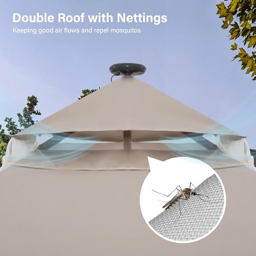 LAUSAINT HOME 10'x10' Outdoor Gazebo with Solar LED Lights, Metal Heavy Duty Patio Canopy Tent Shelter with Double Roofs, Mosquito Nettings and Privacy Screens for Backyard, Garden, Lawn, Khaki - color: Khaki, size: 10'x10' with LED Lights