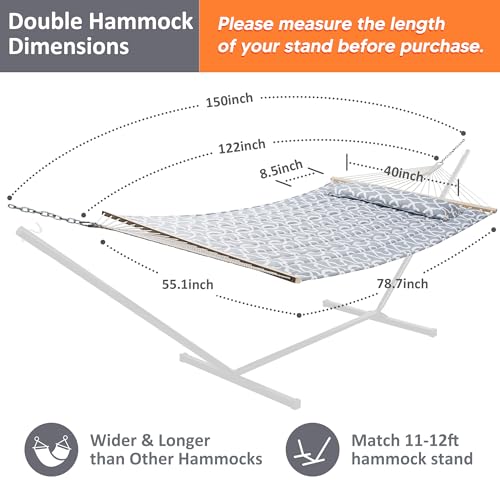 SUNCREAT Double Quilted Hammock with Hardwood Spreader Bar, Extra Large Soft Pillow, Heavy Duty 2 Person Hammock for Indoor, Outdoor, Grey Pattern - color: Grey Pattern