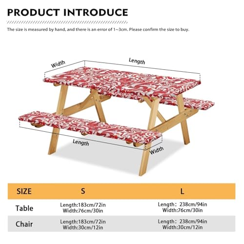 Xmas Elastic Fitted Table Cloth for Camping Party Supplies 3 PCS Set Christmas Swirl Candy Outdoor Picnic Table Cover with Bench Covers - color: Christmas Swirl Candy, size: Small