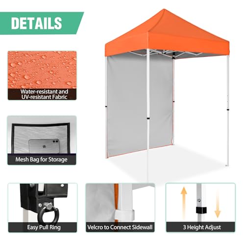 5x5 Pop Up Canopy Tent with One Sidewall, Instant Portable Beach Canopy, Outdoor Tent with Carry Bag for Camping, Sports, Tailgating, Events, Orange - color: Orange, size: With One Wall