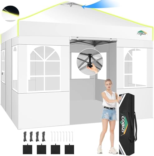 COBIZI 10x10 Pop Up Canopy Tent, Outdoor Party Tent with 4 Sidewall One Push Setup Glow, 3 Adjustable Height Air Vent Waterproof UPF50+, Bag, 4 Sandbag, 8 Stake, 4 Rope for Beach, Commercial - color: White, size: 10x10 With 4 Sidewalls