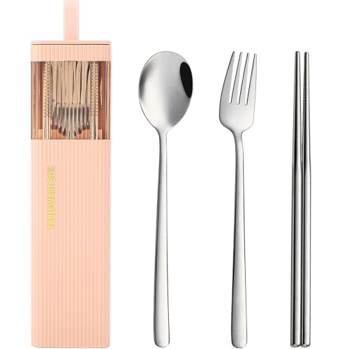 DEVICO Travel Utensils with Case, 18/8 Stainless Steel Reusable Silverware Set for Lunch Box, Portable Cutlery Set, Fork and Spoon Set for Camping, Lunch, Picnic, Workplace, School (Pink) - color: Pink