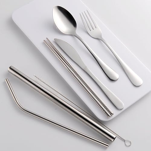 Travel Utensils with Case, Cutlery Set Portable Camp Reusable Flatware Silverware, 7 Pcs Stainless Steel Reusable Cutlery Set, Include Fork, Spoon, Knife, Chopsticks, 2 x Straws & Straw Cleaner Brush - color: Blue