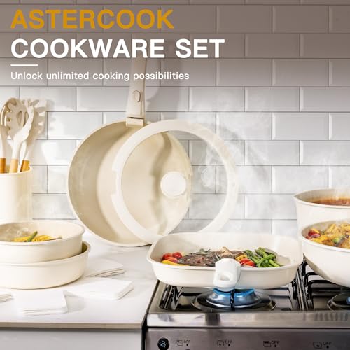 Astercook 23 Pcs Pots and Pans Set Non Stick, Ceramic Cookware Set Detachable Handle, RV Kitchen Cooking Set Removable Handles, Oven Safe, Induction Ready, Stackable, Cream White, Mothers Day Gifts